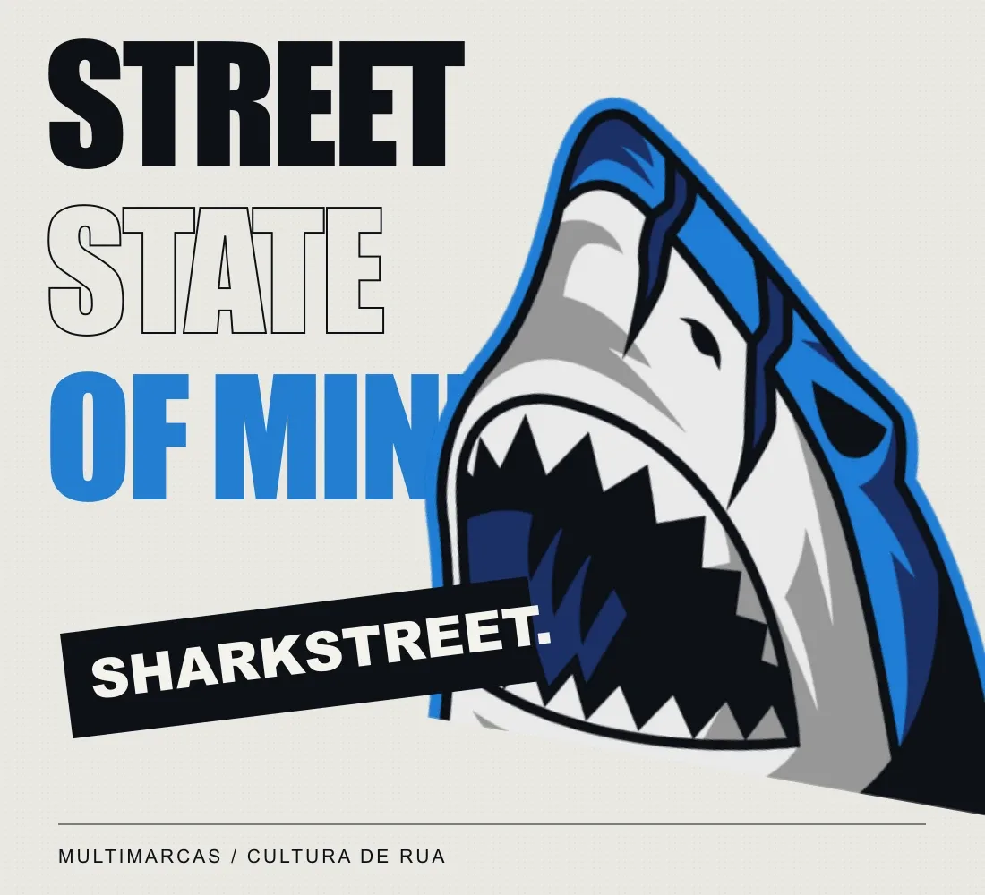 Arte Sharkstreet com o tubarão da marca e a expressão Street State of Mind